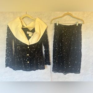 Vintage Lillie Rubin Black Sequin Two Piece Cocktail Suit. Size 6.